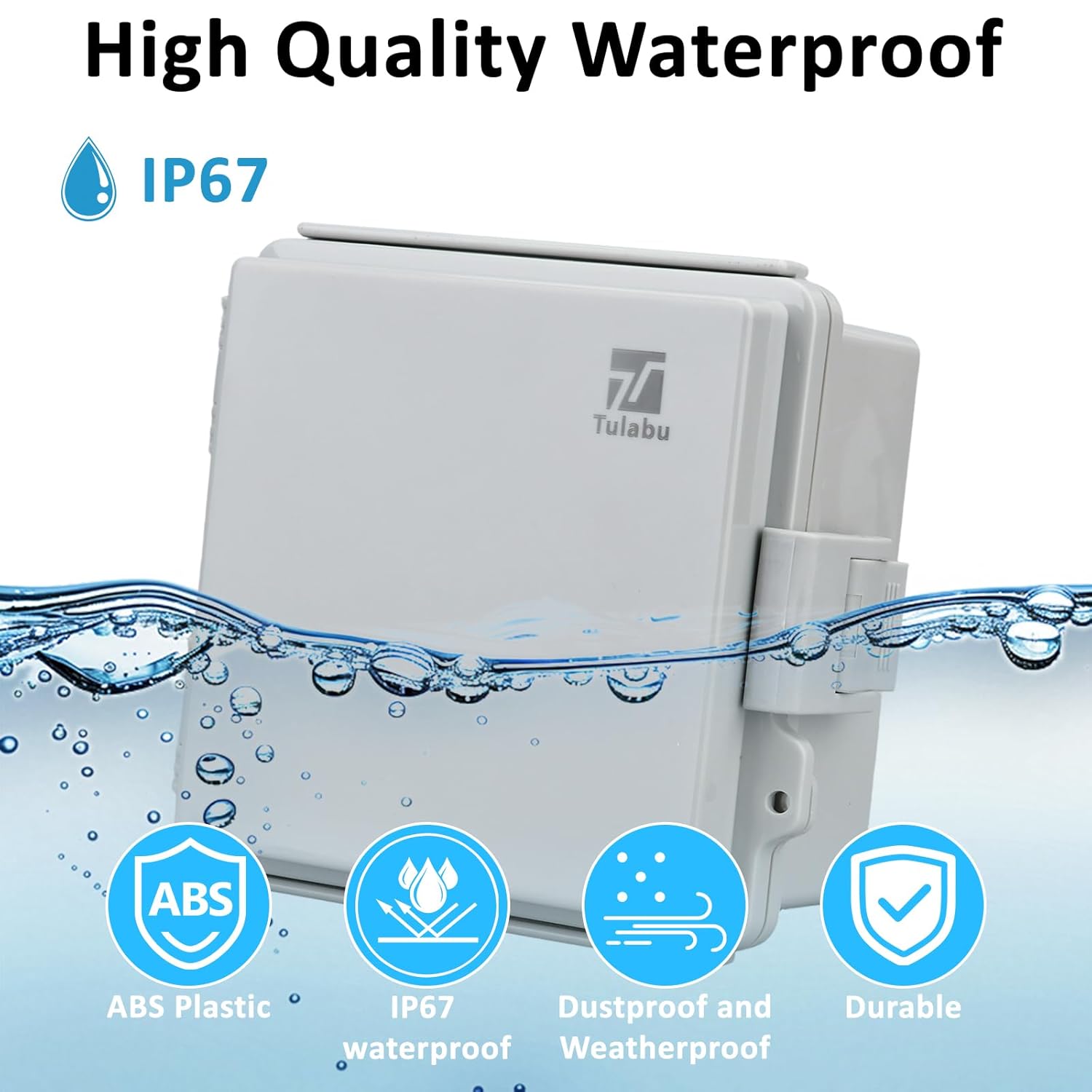 IP67 Waterproof Junction Box with Grey Hinged Cover, ABS Plastic Electrical Enclosure with Mounting Plate & Wall Brackets for Outdoor Use (5.9"x5.9"x3.5")