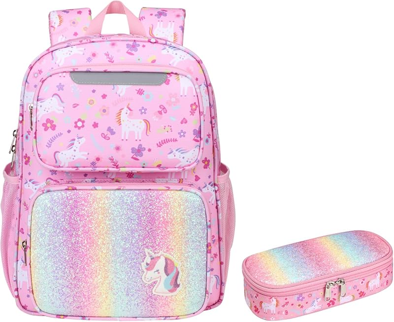 Kids Backpack with Pencil Case - 15" Kindergarten Backpack Girls | For PreK-2nd Grade Kids Ages 4-7, Fits Folders, Insulated Pocket for Lunch and Snacks, Comfy Padded Straps, Pink Unicorn