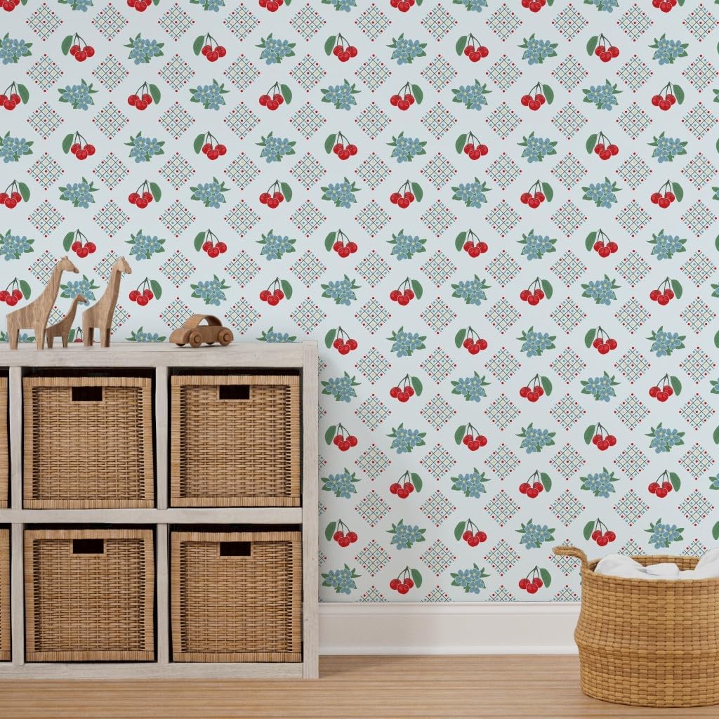 Peel & Stick Wallpaper 9ft x 2ft - Style Kitchen Cherry Blue Large Print 1940S Light Red Custom Removable Wallpaper by Spoonflower