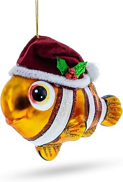 Clownfish in Santa Hat Glass Christmas Ornament
