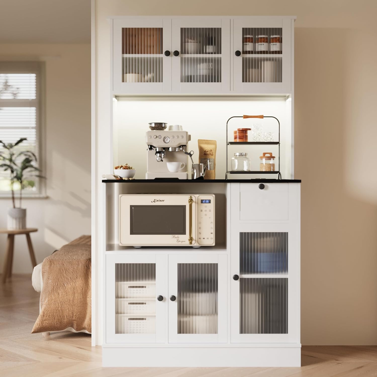 71" Kitchen Hutch Cabinet with Storage for Living & Dining Room, Kitchen Pantry Cabinet with LED Light & Outlet, White and Walnut Tabletop