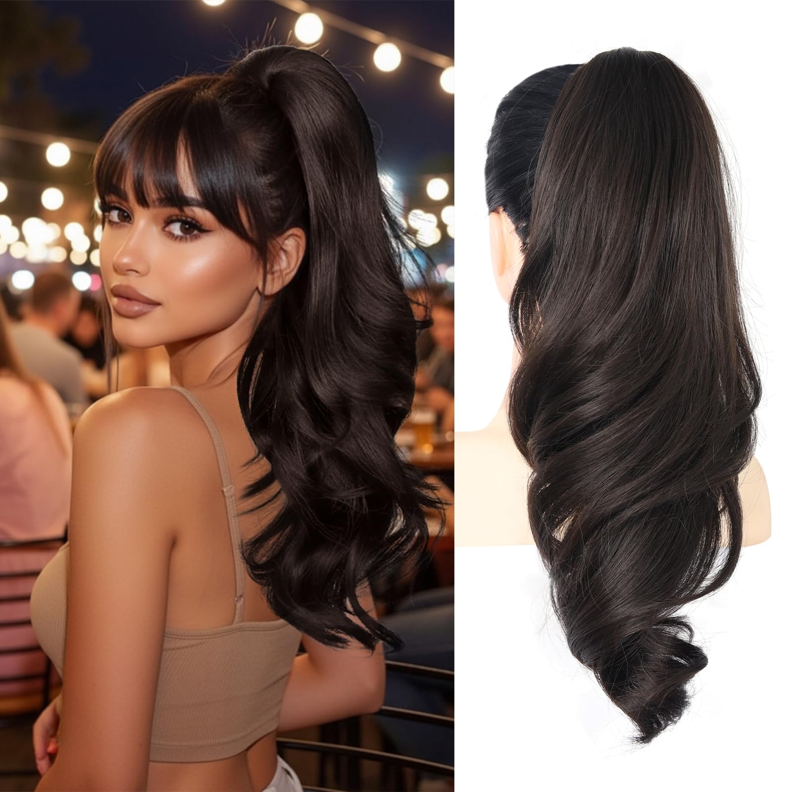 Photo 1 of 18" Pony Tails Hair Extensions Clip In Ponytail Hair Extensions Clip On Ponytails for Women Clip On Hair Ponytail Extension Hair Pieces for Women Long Wavy Pony Tails Fluffy Natural Looking