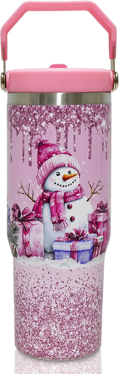 30oz Christmas Tumbler with Handle and Straw, Pink Snowman Insulated Tumbler, Leak Proof Travel Coffee Mug, Reusable Stainless Steel Snowman Tumbler, Christmas Gifts for Women (pink)