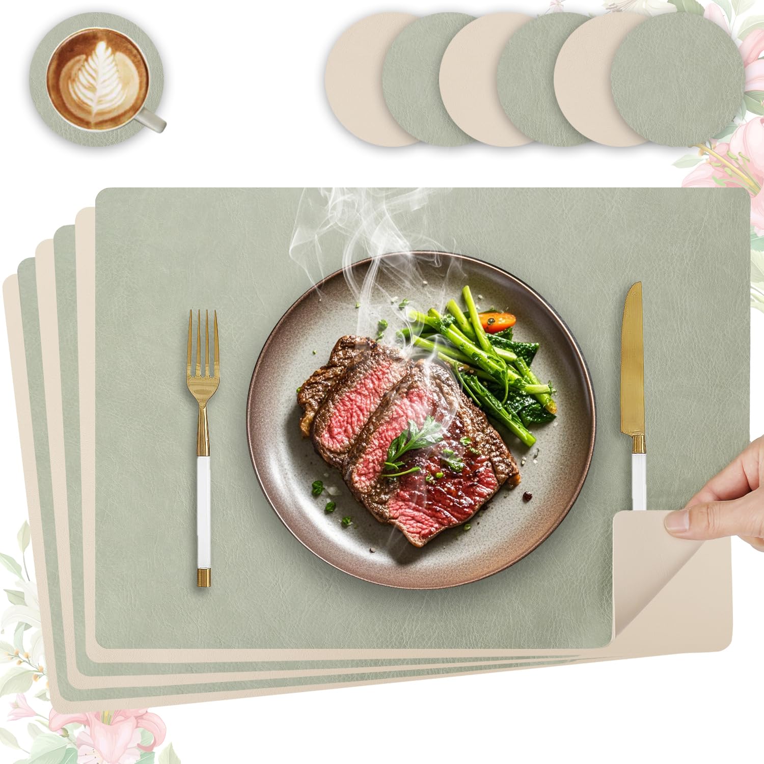 Heli MAIO Tischsets und Untersetzer 4er Set,Platzsets Abwaschbar und Doppelseitigen rutschfest Platzdeckchen,Tischset Leder Kunstleder,Platzdeckchen wasserdicht