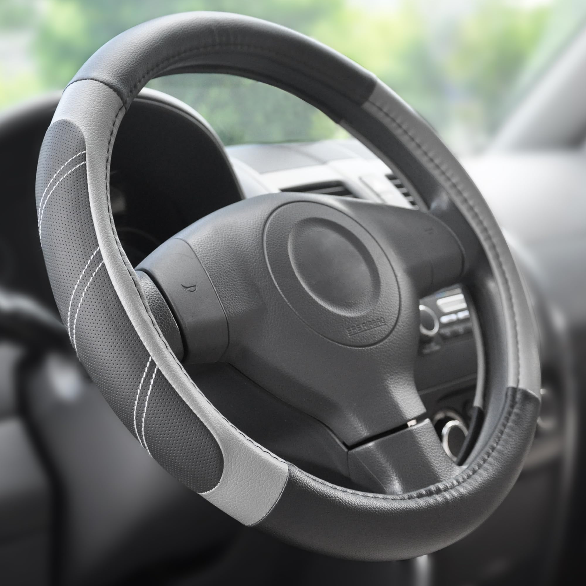 Elantrip Sport Leather Steering Wheel Cover 14 1/2 inch to 15 inch Universal, Padded Soft Grip Breathable for Car Truck SUV Jeep, Anti Slip Odorless Black and Gray