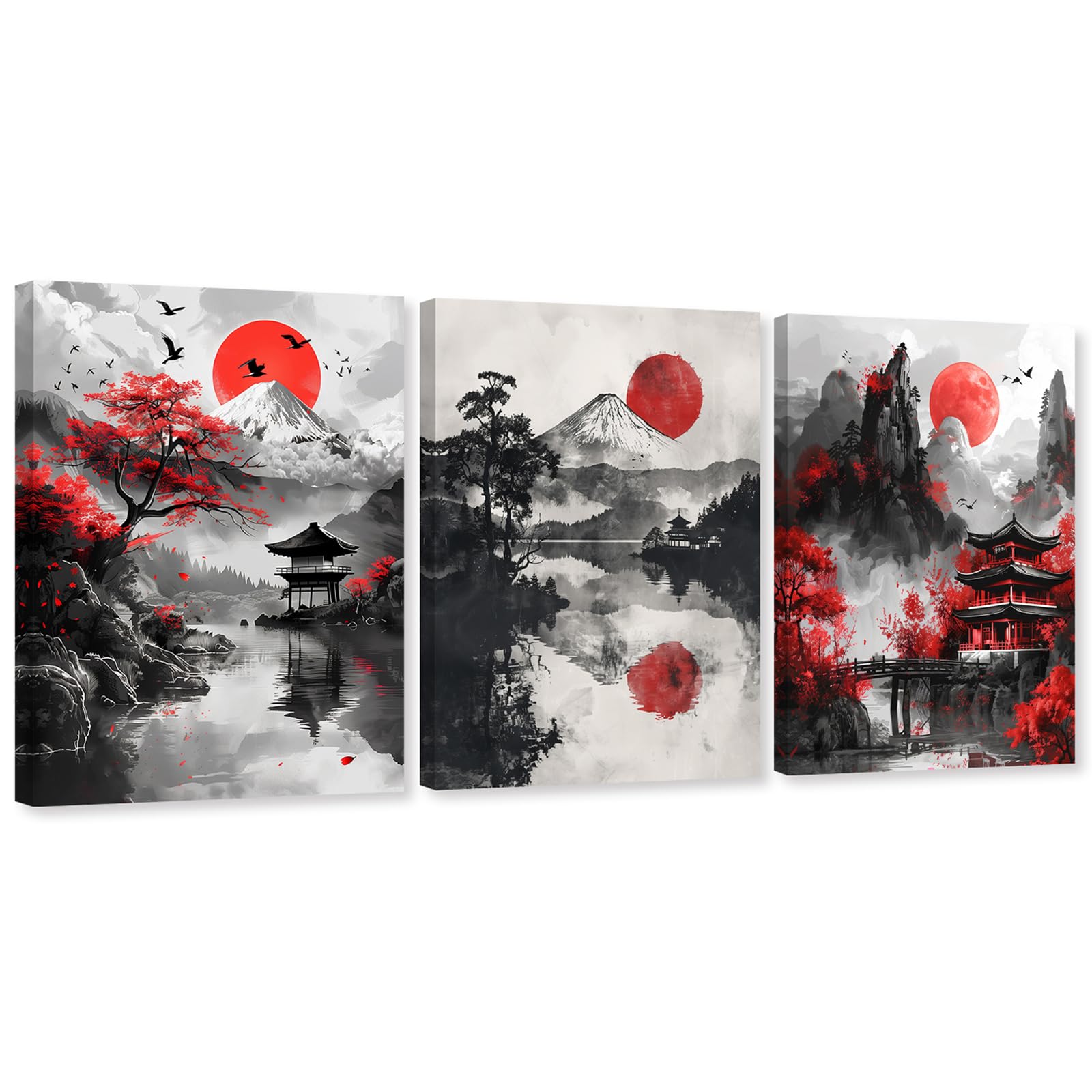 ARTZGX 3 Piece Japanese Wall Art Japanese Landscape Canvas Red and