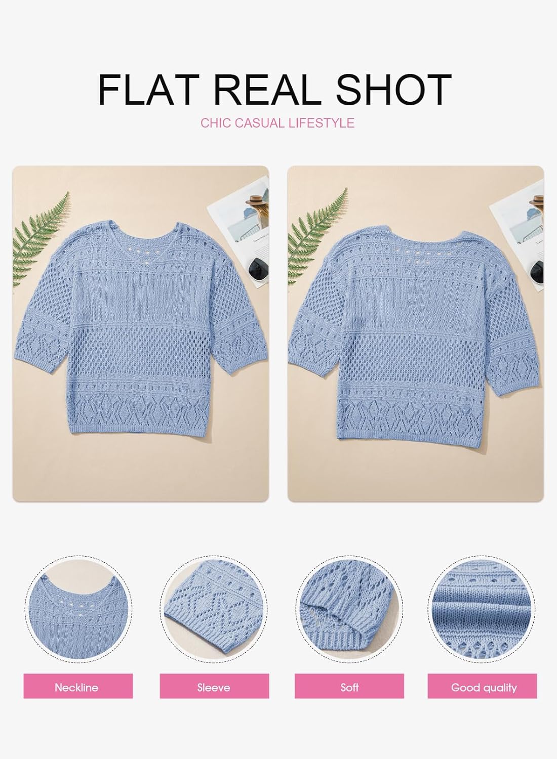 EVALESS Womens Lightweight Sweaters Crochet Hollow Out Knit Tops 3/4 Sleeve Beach Vacation Clothes for Women Trendy 2026 - Image 8