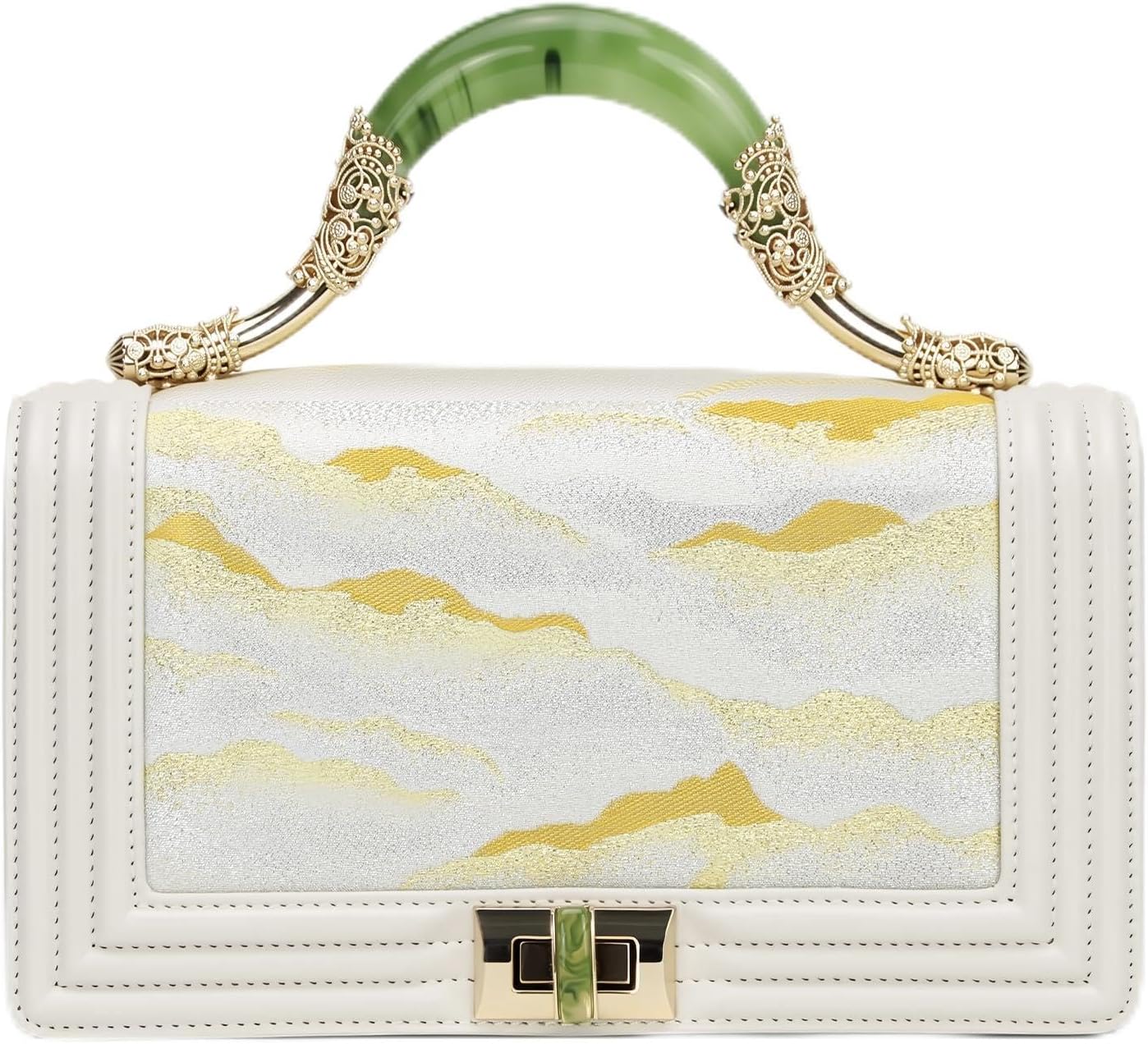 Women’s Evening Handbags Gold Evening Bag with Jade Handle – Luxury Embroidered Cloud Pattern Handbag, Large Capacity Formal Wedding Party Crossbody Purse