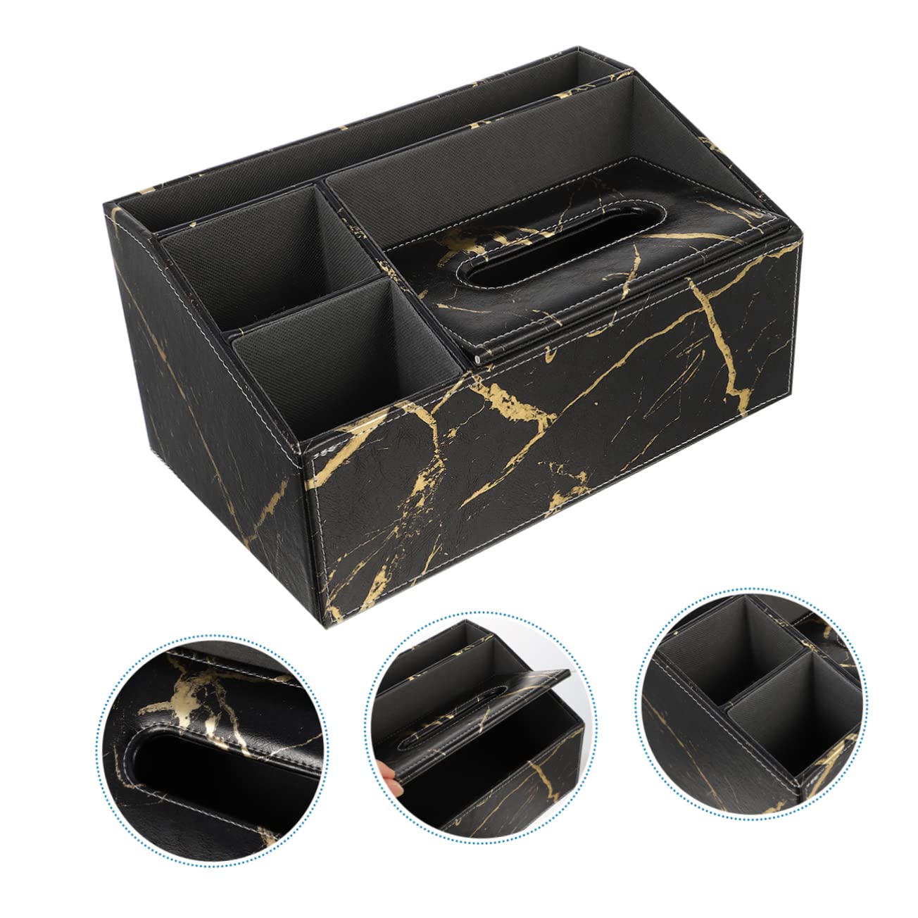 PRETYZOOM Caja Organizadora Multifuncional de Cuero Negro Diseño Mármol para Pañuelos y Control Remoto, Tamaño Mediano, para Escritorio y Hogar, Contenedor Decorativo Elegante