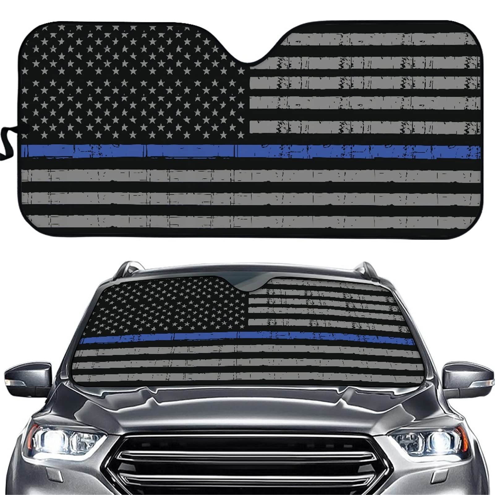 CLOHOMIN Thin Blue Line US Flag Law Enforcement Print Windshield Sun Shade for Car, Folded Front Window UV Rays Sun Visor Shade,Keep Vehicle Cool