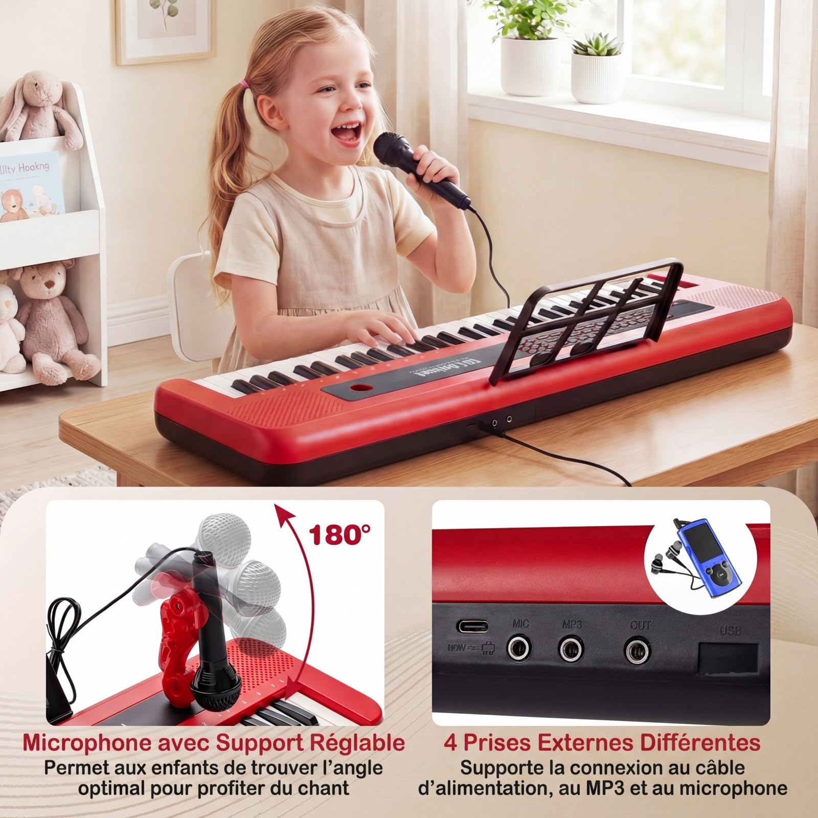COSTWAY Clavier Piano Enfant 61 Touches avec Microphone et Pupitre, Piano Numérique avec Support Réglable et Amovible, 2 Haut-parleurs, Mode d'apprentissage, Instrument de Musique pour 3 Ans+ (Rouge)