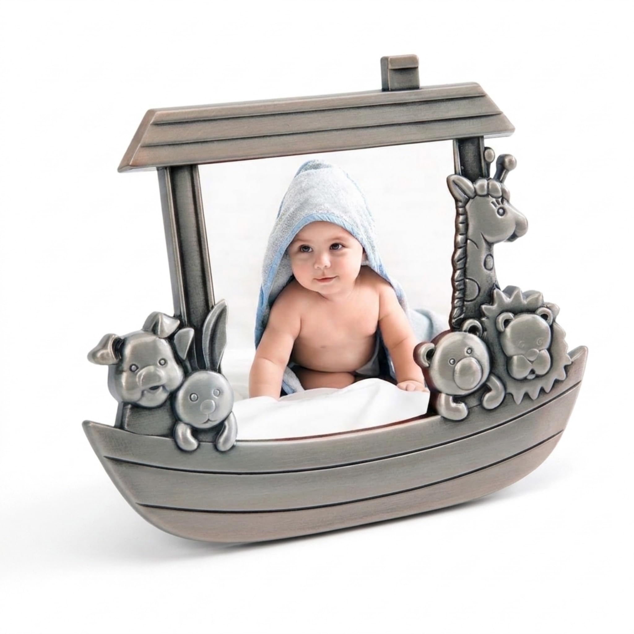 Creative Gifts International Bilderrahmen Arche Noahs, 7,6 x 7,6 cm, gebürstetes Zinn-Finish, Tier-Design, Kinderzimmer-Dekoration, Geschenkbox im Lieferumfang enthalten