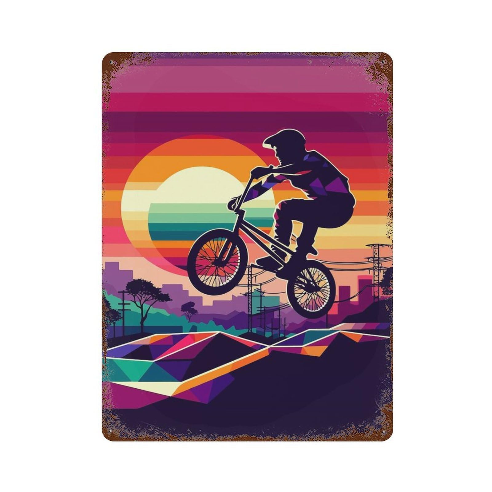 Freestyle BMX Sunset Wpap Vintage Wall Sign 15.7"x11.8", Rust Effect Metal Decor for Patio, Garden Room And Bar Decor
