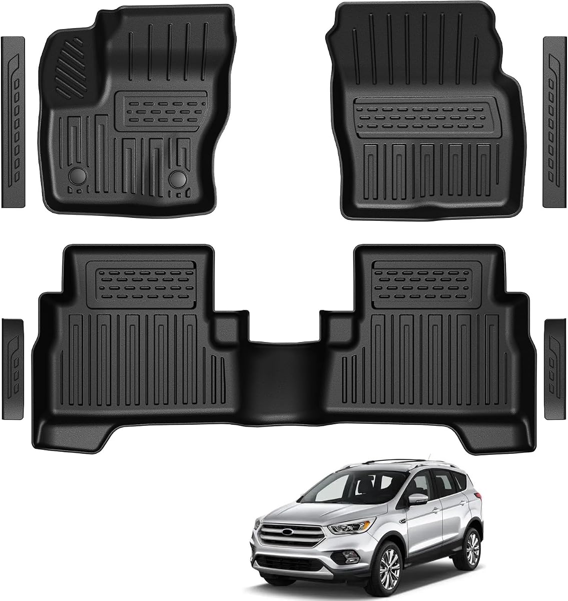 Floor Mats for 2013-2019 Ford Escape Accessories | Fit for 2013-2018 C-Max, Custom Fit, Front and Rear Row Floor Liners & Door Sill Guards, All Weather TPE Durable Car Mats