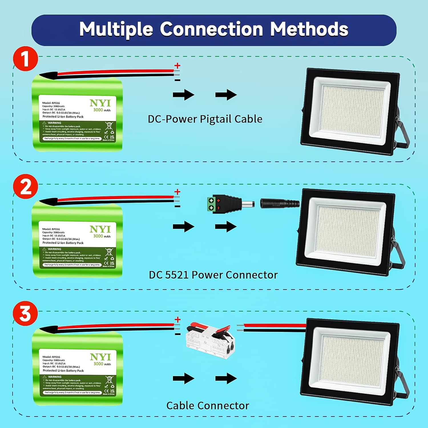 NYI 12V 3000mAh DC Rechargeable Lithium ion Battery Pack 3Ah with Charger and DC5521 Connector for Router, CCTV Camera, LED Strip Light, RC Car, DIY Tools and Other 12 Volt Devices (Small Size) - Image 4