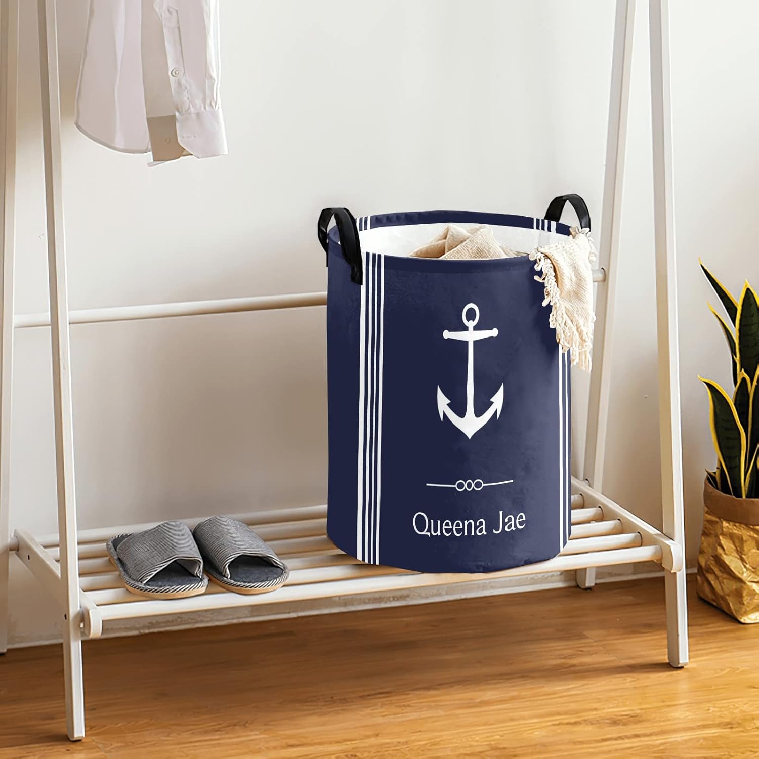 Navy Blue Nautical Anchor Storage Bin, Waterproof Oxford Fabric Clothes Basket Organizer for Laundry Hamper,Toy Bins,Gift Baskets, Bedroom, Clothes,Baby Nursery