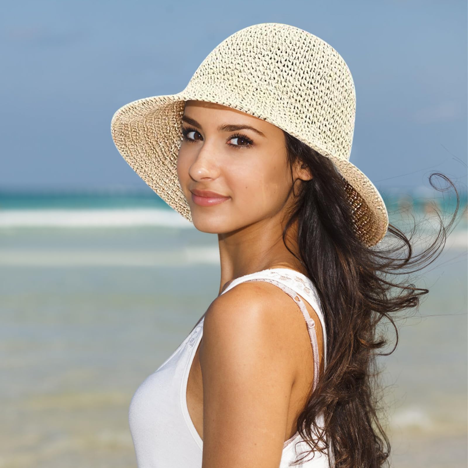 Sombrero de Sol para Mujer,Sombrero de Paja de Las Mujeres, Sombrero de Viaje de Verano Paja de Verano Plegable de ala Ancha para Playa