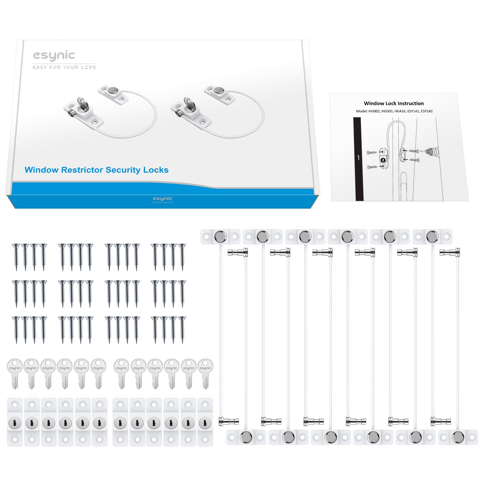 eSynic Lot de 12 serrures de fenêtre de sécurité enfant pour UPVC avec clé 185 mm de long - Serrures de sécurité fiables pour fenêtre en bois PVC UPVC
