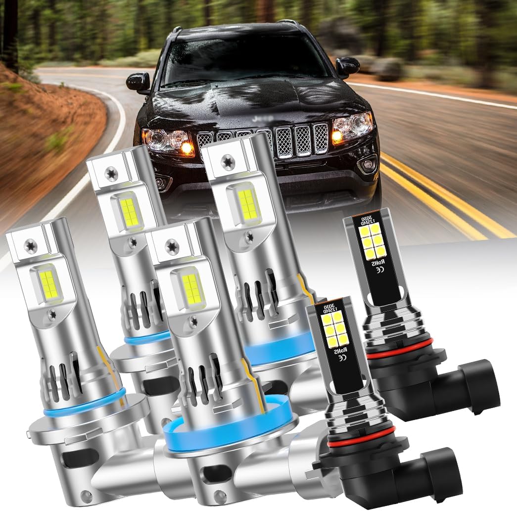 LED Headlight & Fog Light Bulbs Combo Fit For Jeep Compass 2011-2013 – 9005/HB3/H10 High Beam + H11/H8/H9 Low Beam + 9006 Fog Light Combo, 6000K White, Plug and Play, Pack of 6