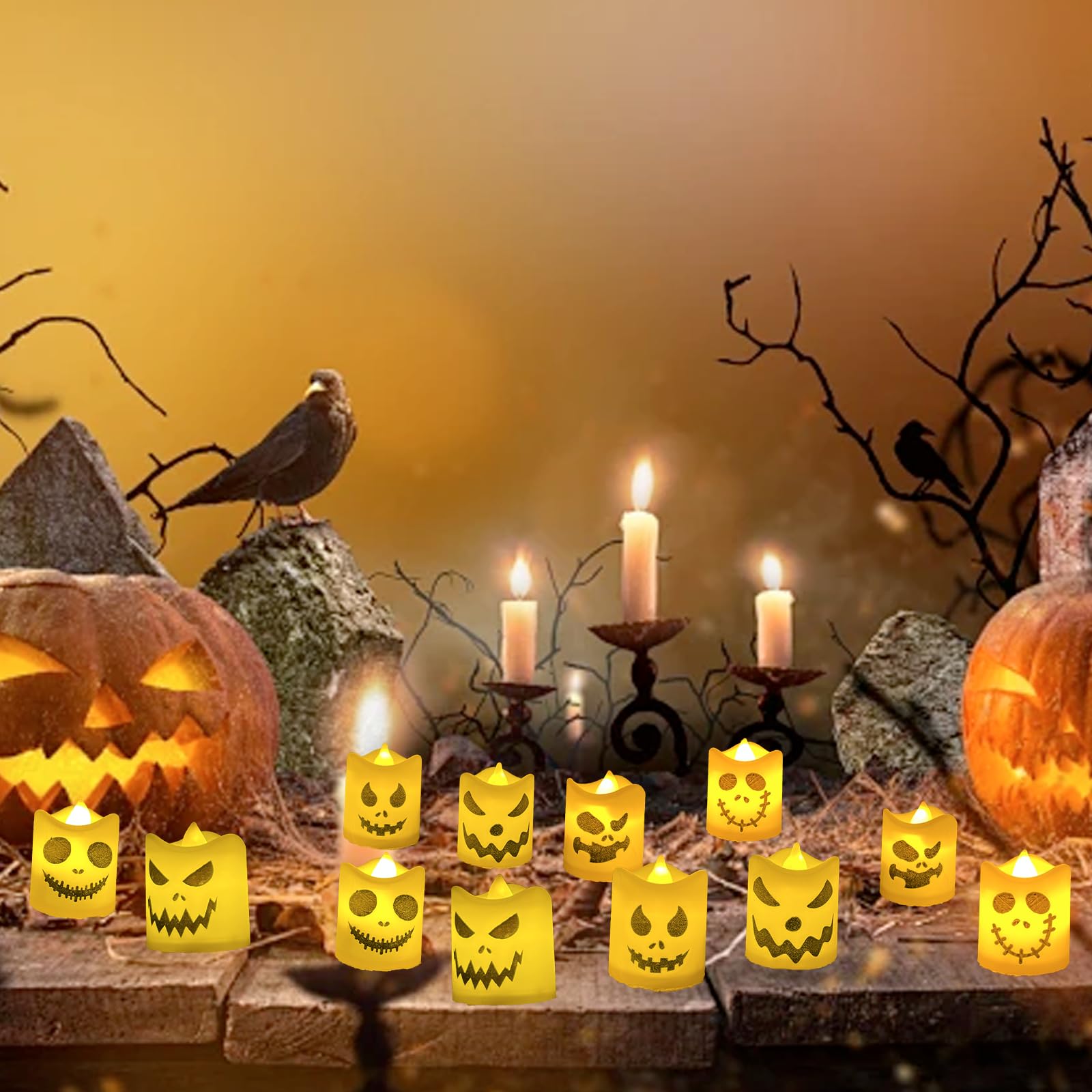 12 LED Kerzen Halloween Set – Flackernde Kürbis-Teelichter, Batteriebetrieben & Flammenlos