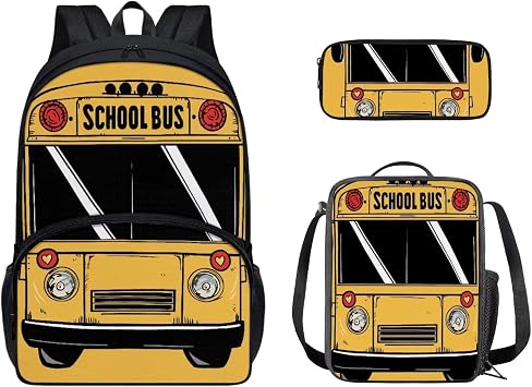 Agoviwo School Bus Graphic Backpack for School Girls Y2k Backpack Bookbag with Portable Lunch Bag and Aesthetic Pencil Case