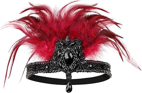 Art Deco 1920s Flapper Feather Headpiece Roaring 20s Great Gatsby Headband for Women Wine Red