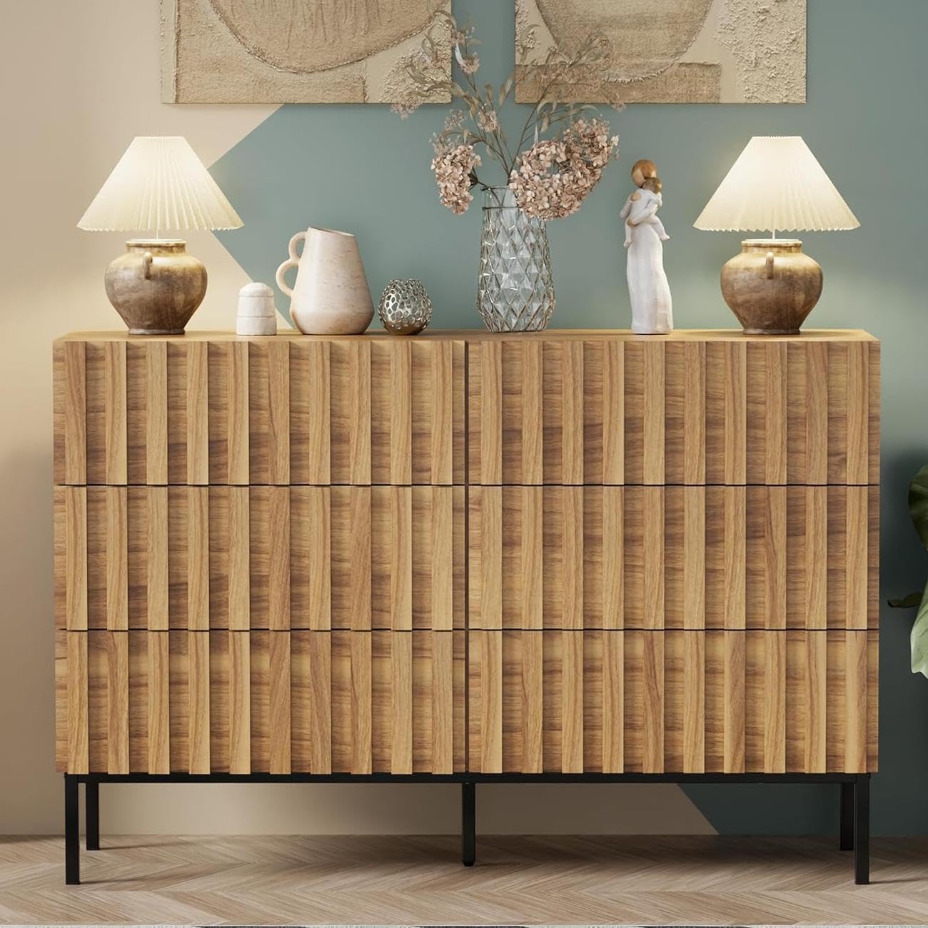 UEV Fluted Dresser for Bedroom with 6 Drawers, 47" Wide Large Chest of Drawers with Metal Stand, Mid-Century Wooden Dresser TV Stand, Closet Storage Organizer for Living Room, Hallway (Natural Wood)