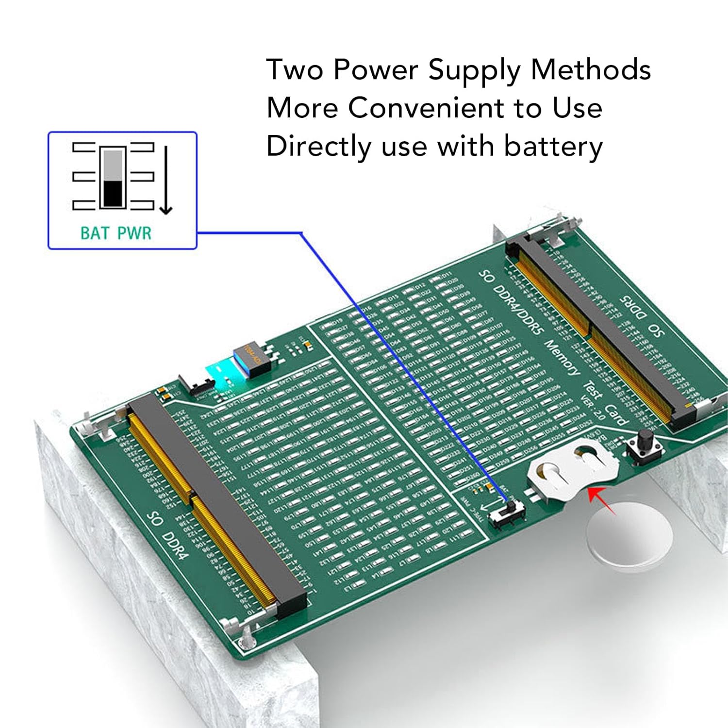 DDR4 DDR5 Memory Tester with Light, DDR4 RAM Memory Tester Card Suitable for Laptop Desktop Server Computer, Troubleshoot Hardware Faults Easily, Battery or Type C Cable Power