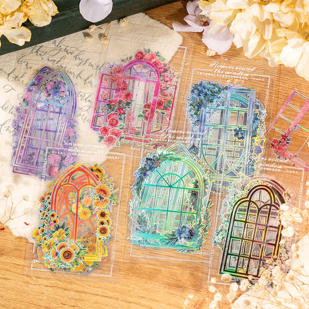 MAFELOE Scrapbook Stickers 6 Packs, 10 Pieces Each for Junk Bullet, PET Aesthetic Deco Journaling Supplies-Floral Window Series
