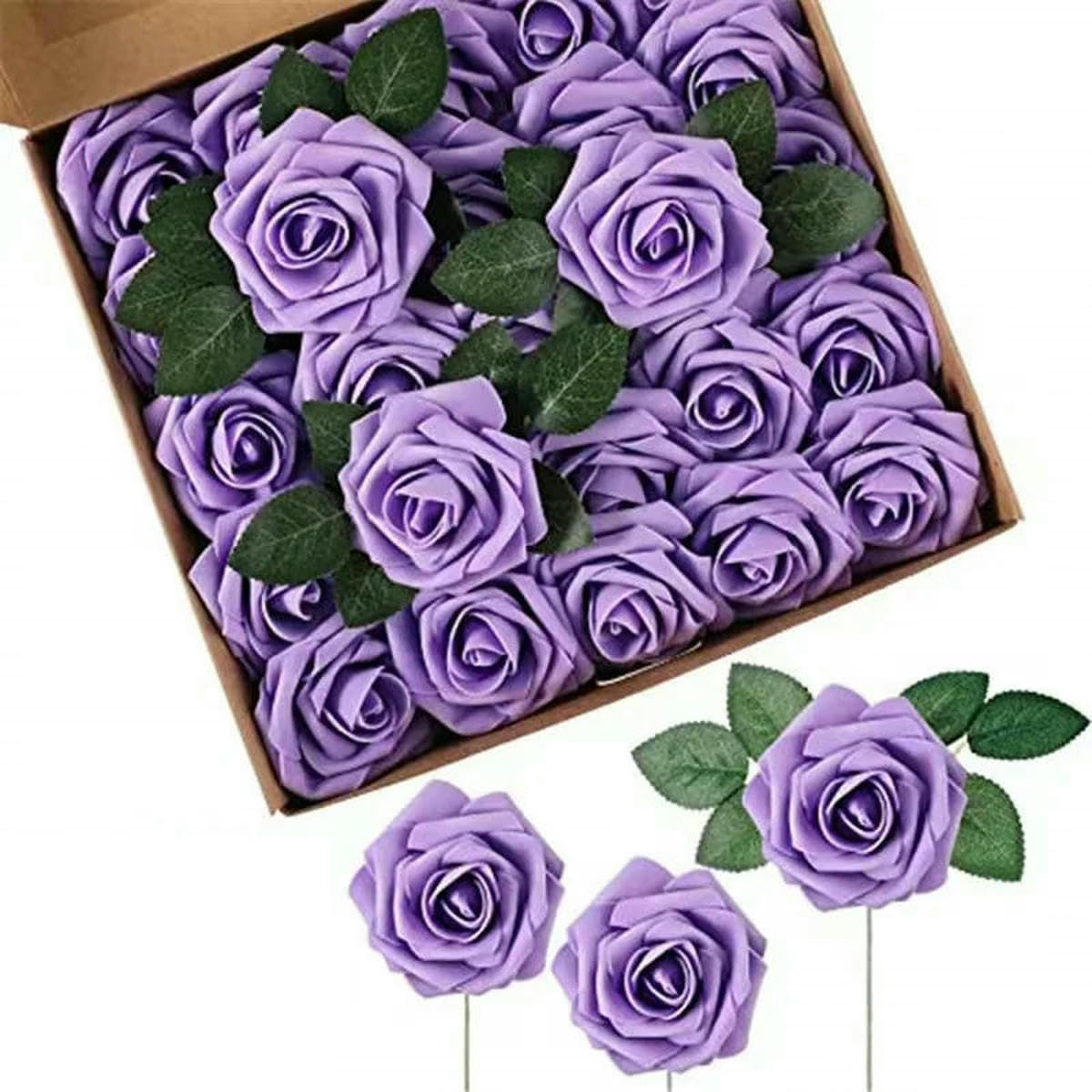 AYHTUD 10~100pcs Rose Artificial Flowers Foam Fake Roses Wedding Bouquets Centerpieces Mothers Day Valentines Party Decoration-Purple-25pcs no box leaves