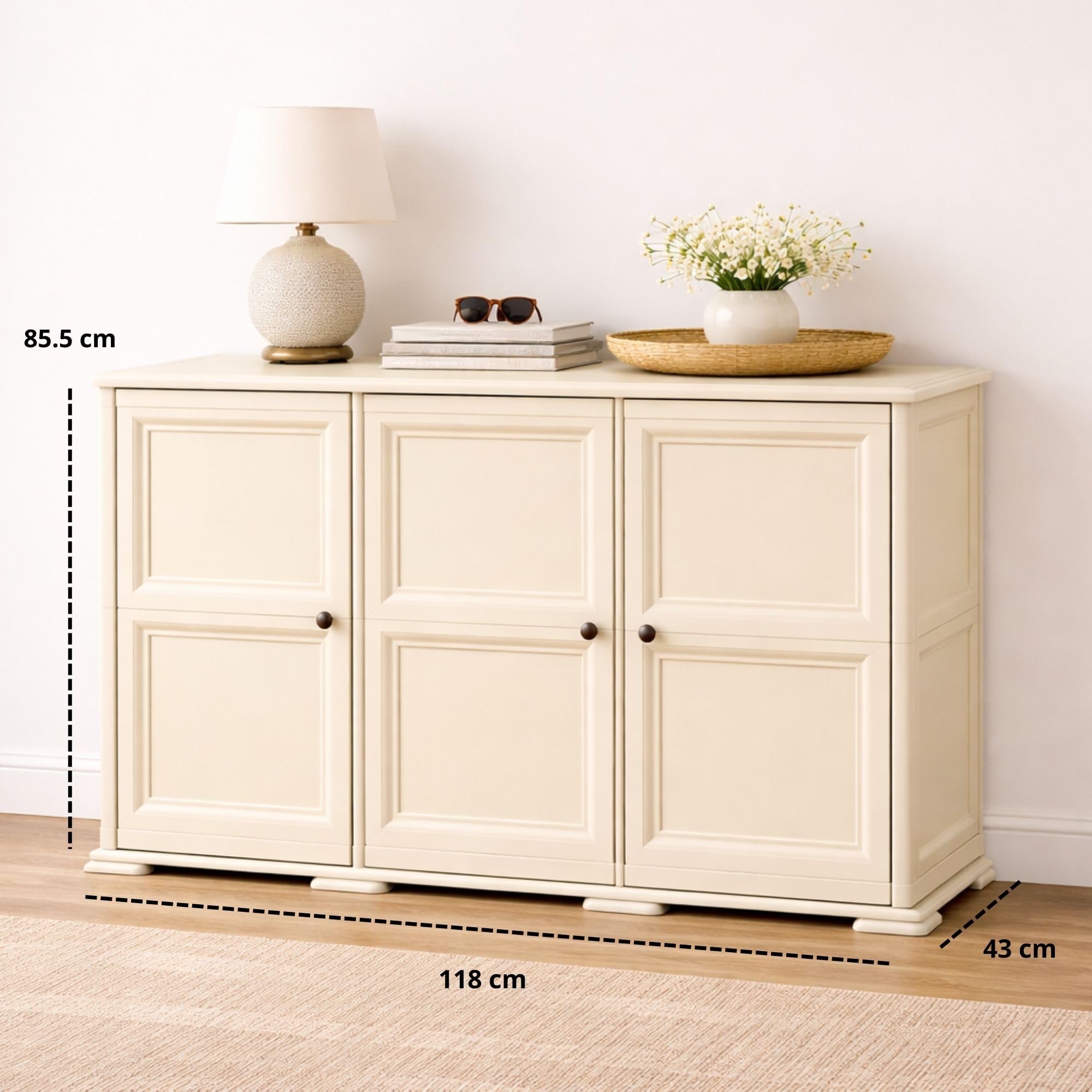Armadio in Plastica 118 x 43 x 85.5 cm con 3 Ante e Finitura Effetto Legno – Mobile Contenitore Multiuso per Salotto, Balcone Coperto e Organizzazione Casa (Angora)