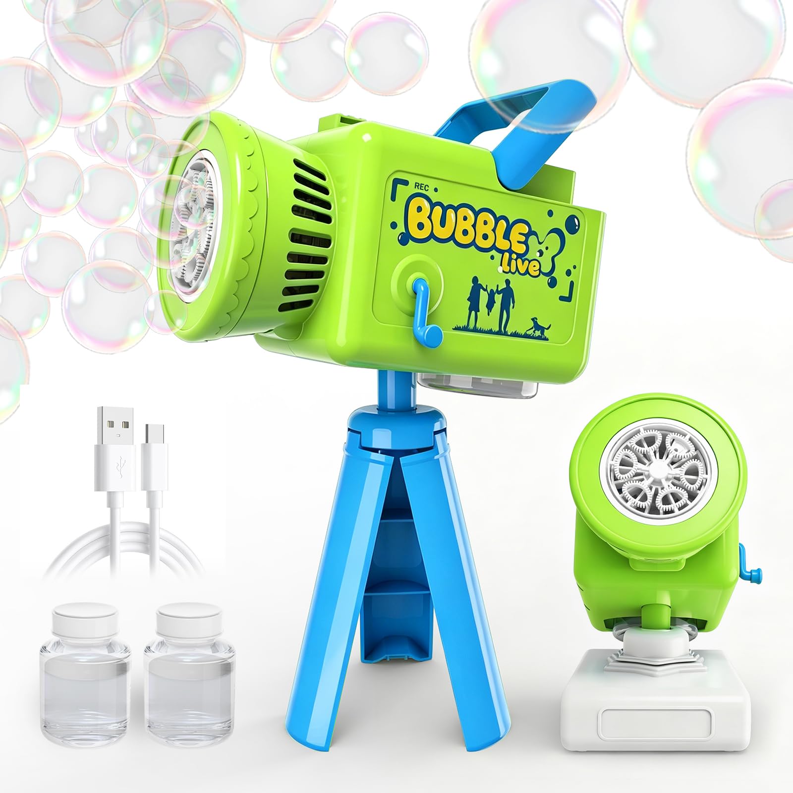 Seifenblasenmaschine Wiederaufladbar 1200mAh, 3-in-1 Handheld Seifenblasenpistole mit Stativ & 360° Drehplatte, LED Licht & Musik, Seifenblasenmaschine Kinder Outdoor für Hochzeit Garten