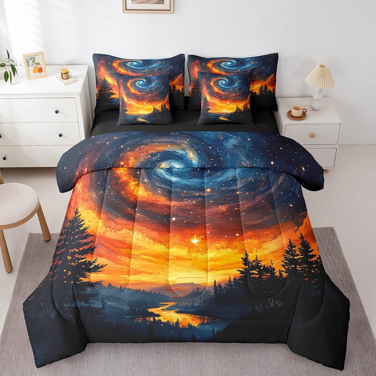 Erosebridal 7 Piece Orange Blue Galaxy Queen Comforter Set with Sheets,Universe Outer Space Bedding Set for Boys Girls Kids Room Decor,Forest Pine Tree Mountain Bed Set with Pillowcases