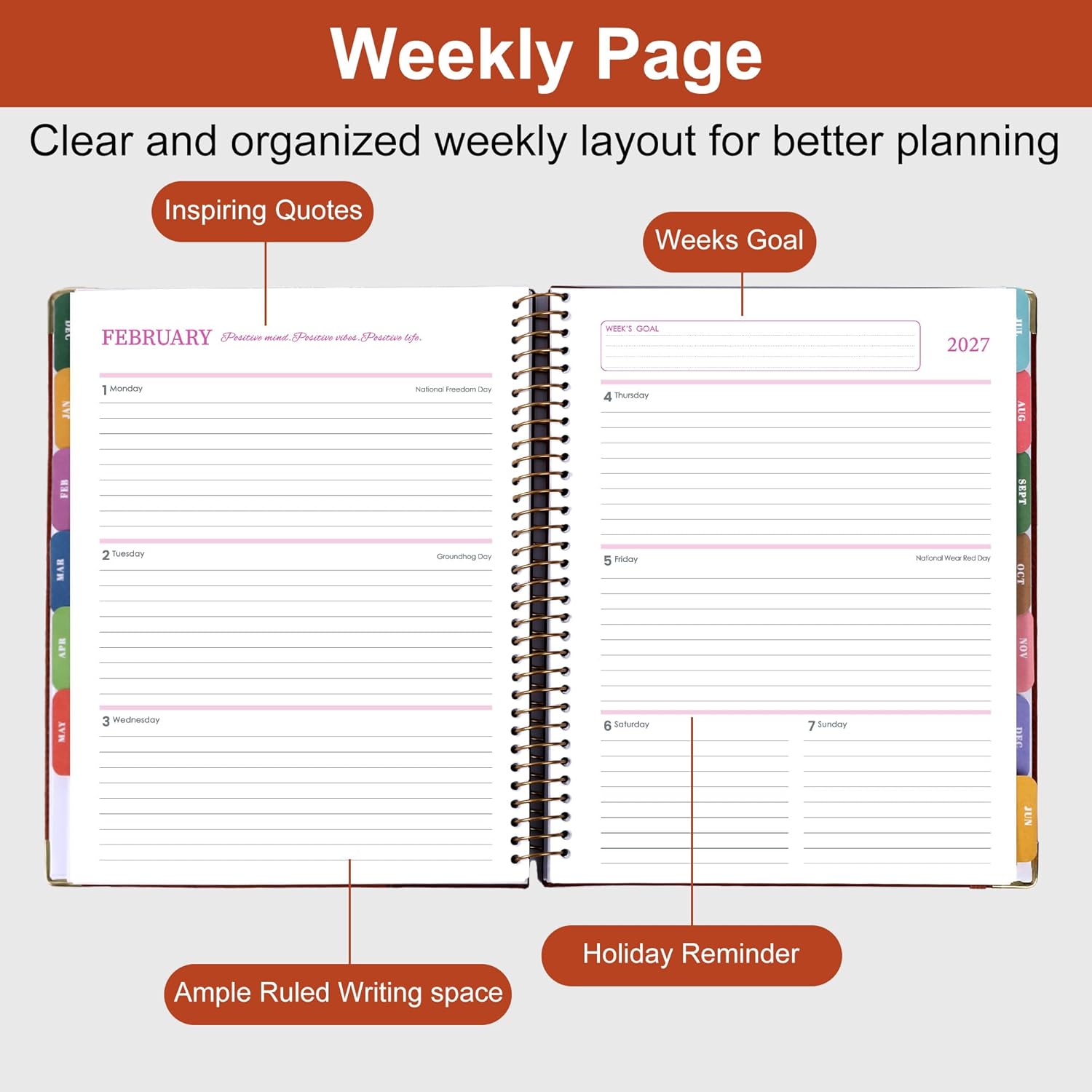 Planner 2026-2027, Leather Two-Tone Planner, 18 Month Weekly and Monthly Planner Calendar with Tabs, Jul 2026–Dec 2027, Large 8.5" x 11" A4 Hardcover Spiral Agenda Planner for Home, School and Work （Rust Brown）