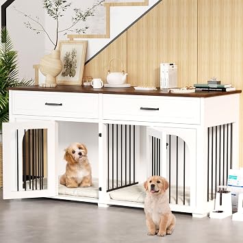EBE Dog Crate Furniture, 63Wooden Dog Kennel with 2 Drawers and Removable Divider, Heavy Duty Dog Crate Indoor Furniture with Double Rooms, Dog Crate Table Indoor TV Stand for Small Medium Dog