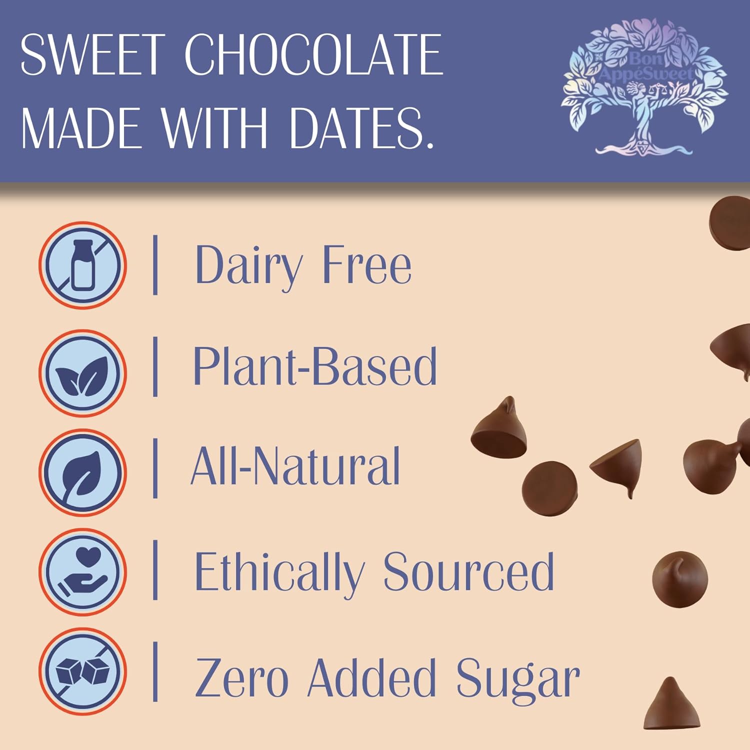 Bon Appesweet Date Sweetened Chocolate Chips - Better Than Milk Chocolate | 8 Ounce (Pack of 3) | Organic, Zero Added Sugar, 54% Cacao, Plant Based, Dairy Free, and Guilt Free!