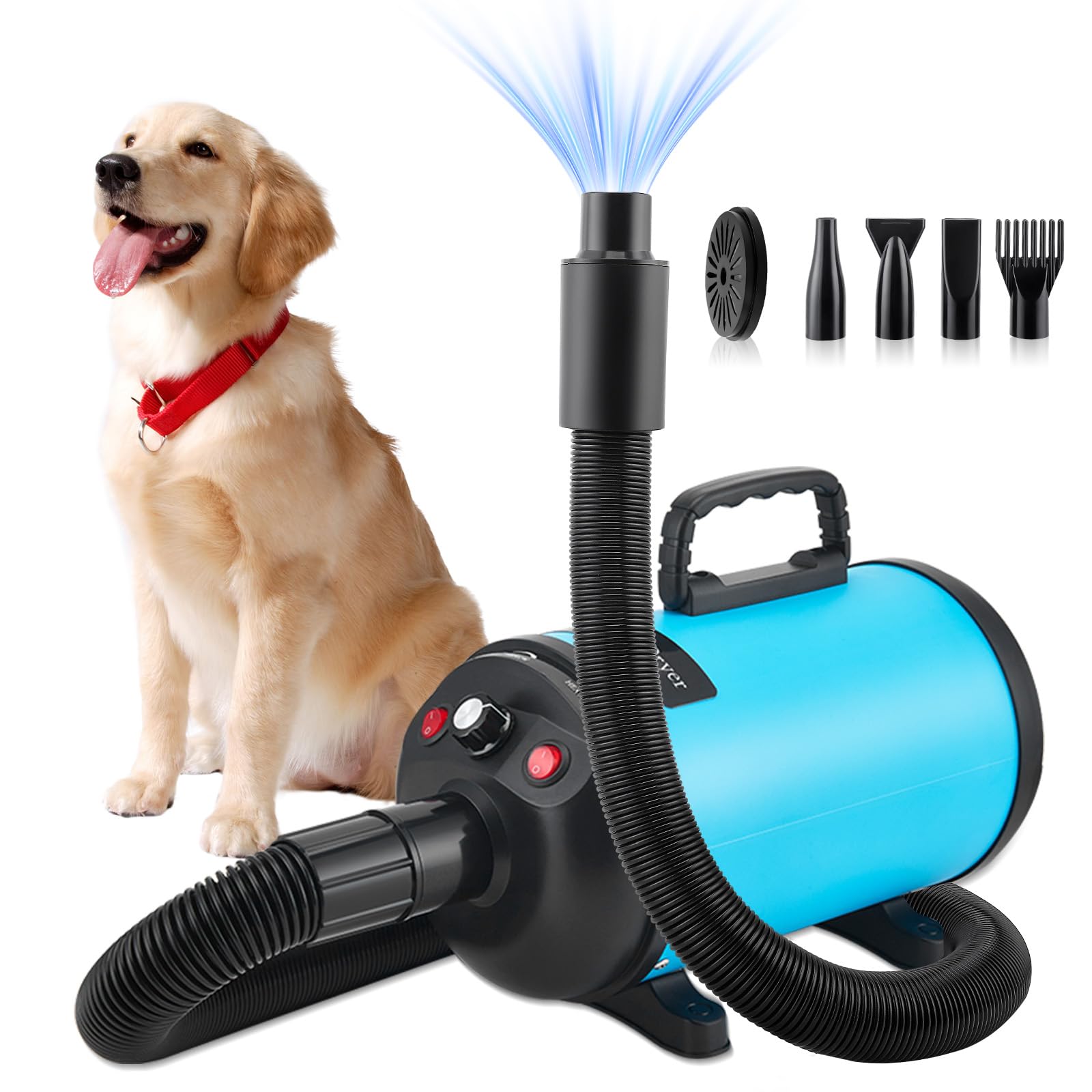 Asciugacapelli per cani, asciugacapelli per cani, 3800 W/4,5 CV, asciugacapelli professionale per la cura del pelo, regolazione continua della velocità, a basso rumore, con 4 diversi ugelli, tubo