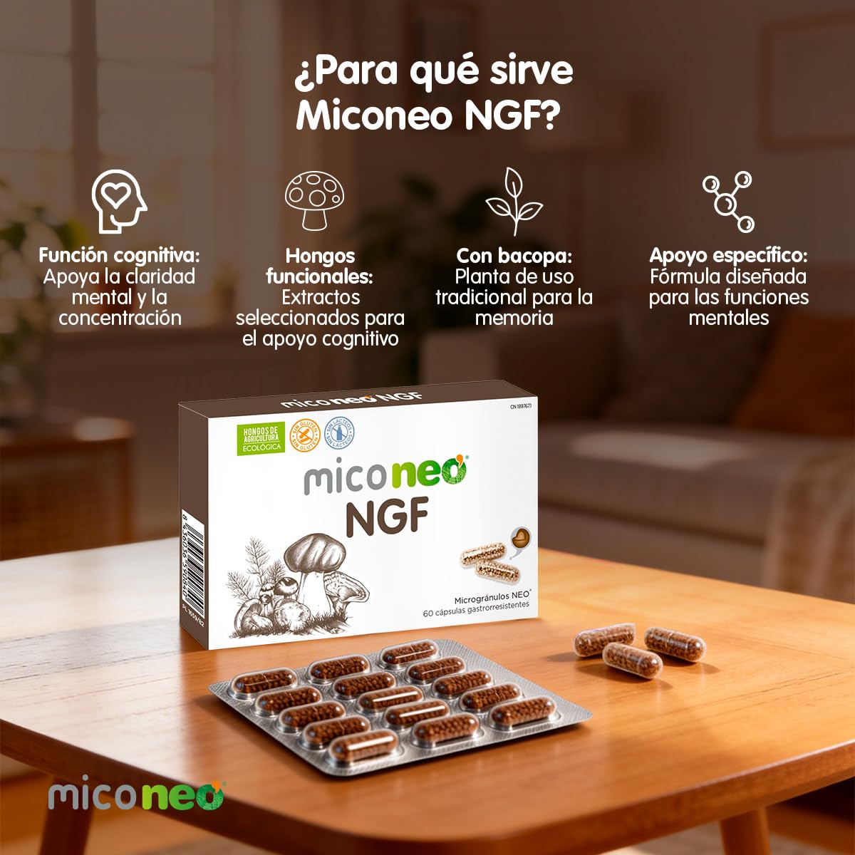 MICO NEO | NGF | 60 Cápsulas | Favorece el Rendimiento Cognitivo | Con Bacopa, Melena de león, Reishi, Cordyceps y Camu-Camu | Hongos de Agricultura Ecológica