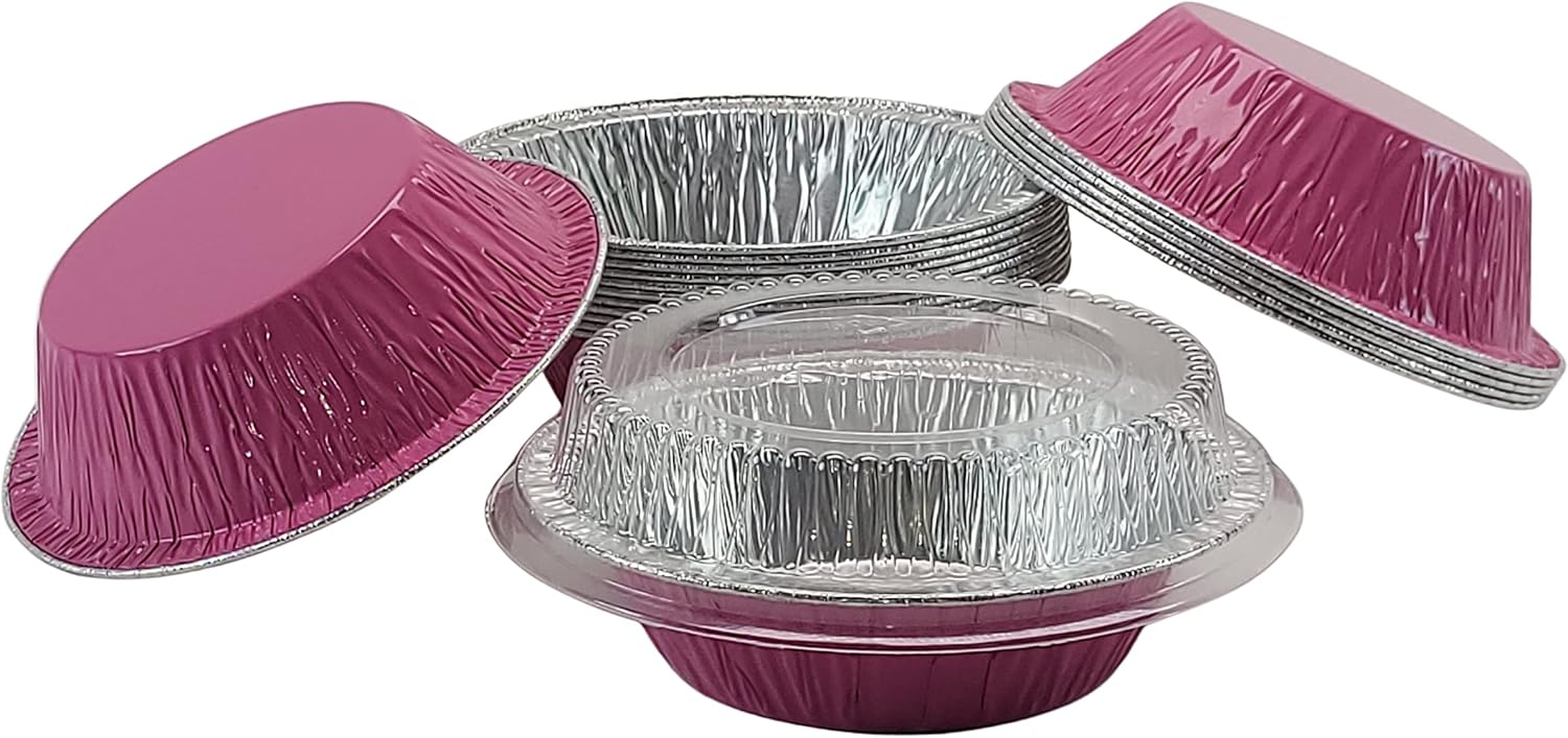 KitchenDance Mini Pie Tins with Lids - Premium 5 Inch Pie Tins - Mini Pie Pans with Lids for Baking Pies, Tarts, Cobblers, and Cakes - Essential for Professional and Home Kitchens 501P (100, Pink)