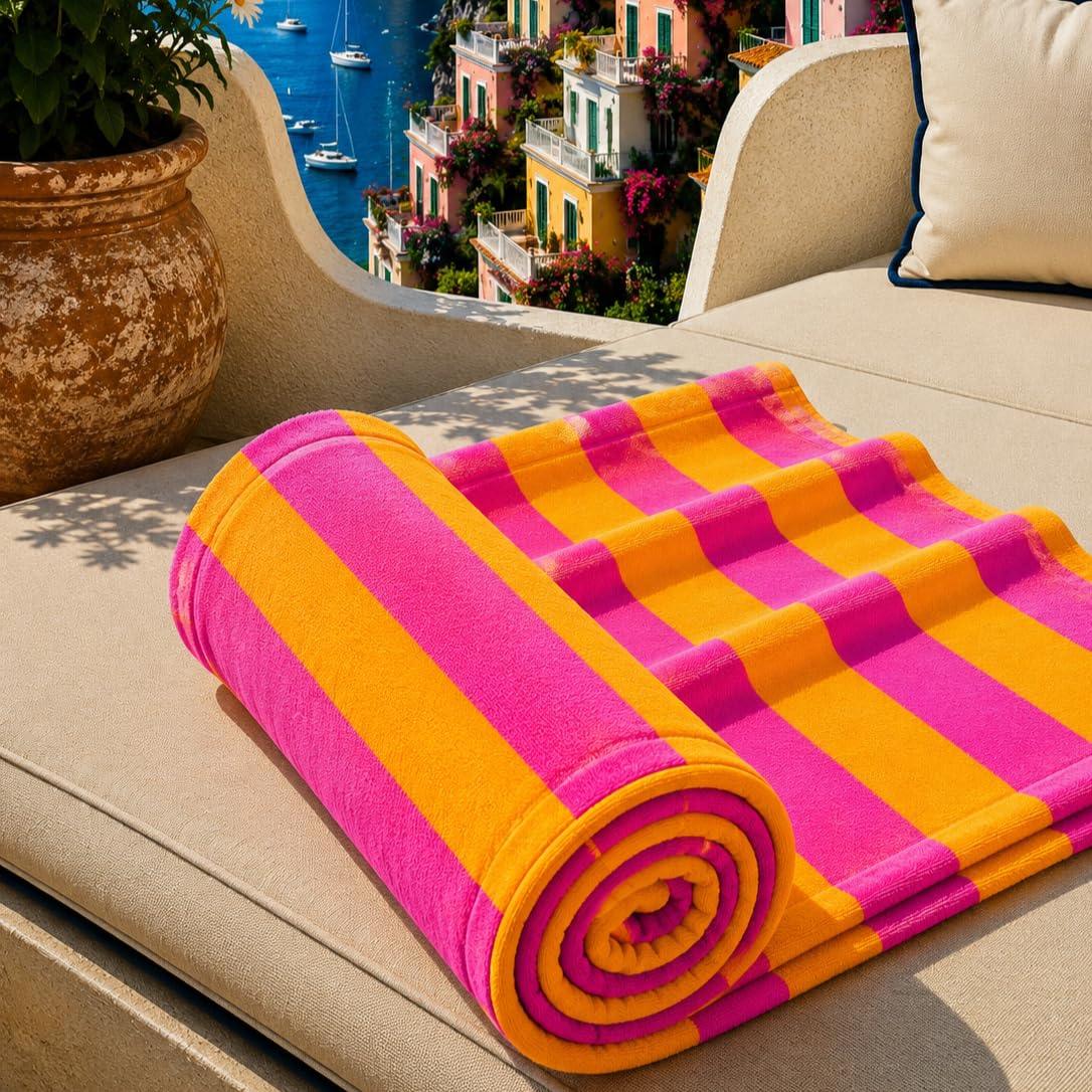 PETTI Artigiani Italiani - Microfibre Beach Towel, Beach or Pool Towel, Beach Lounger Towel, Large 90 x 180 cm, Fuchsia Orange Stripes