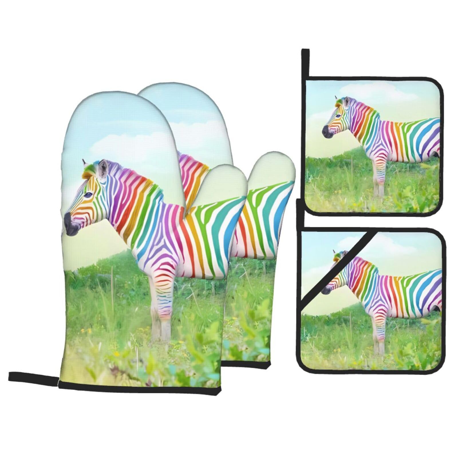HJFCZH Colorful Zebra Prints Kitchen Throw Set: Durable Oven Layers with Waterproof Polyester – 4 Piece Heat Protection System