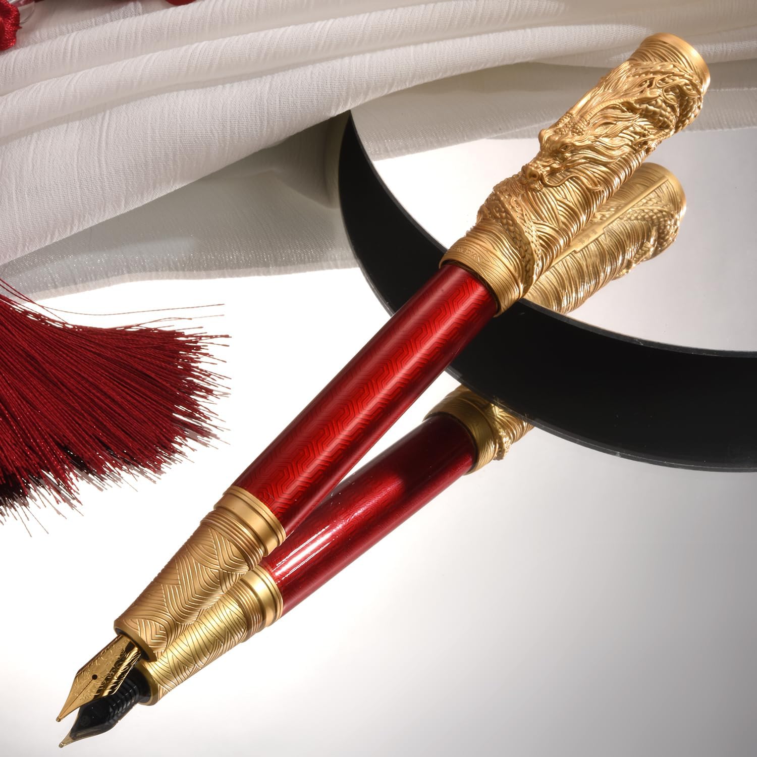 HONG DIAN A24 Fountain Pen Fine Nib, Bright Red & Golden Dragon Stereoscopic Carving Cap Design