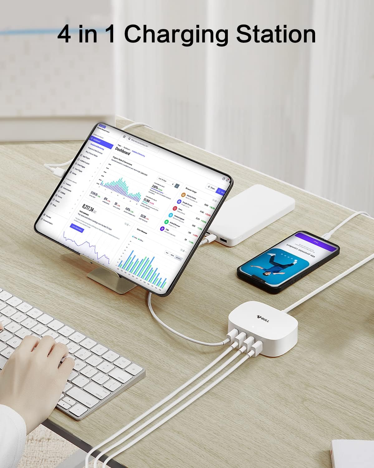 BULL USB Charging Station, 4 in 1 USB Charger with 6ft Extension Cord, USB Multiport Charger for Apple iPhone, Samsung, Tablet, Cruise Ship, Travel, Home, Office, UL Listed : Cell Phones & Accessories