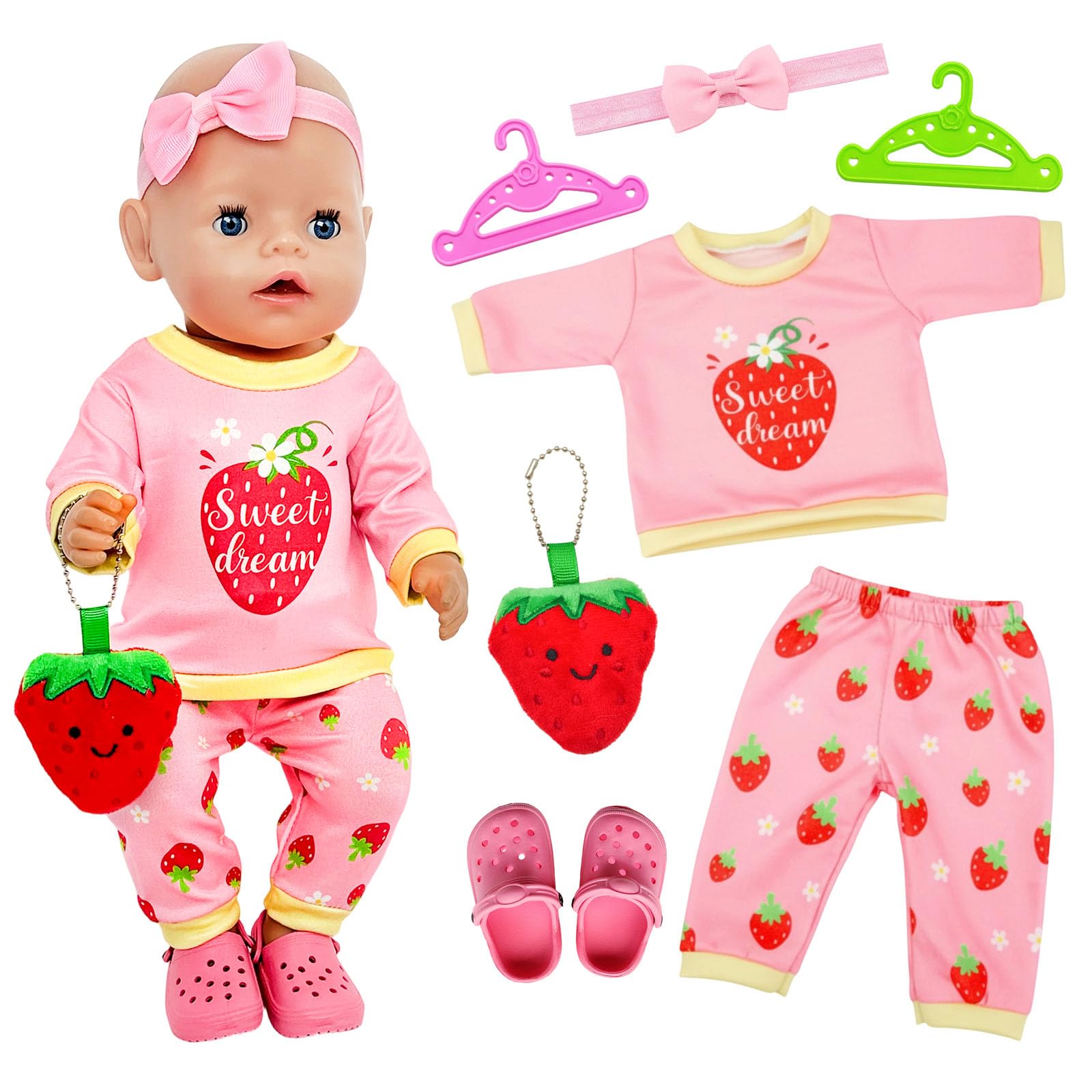7 PCS Baby Doll Clothes Compatible with Newborn Baby 14-18 Inch, Cute Baby Doll Accessorie for 35-45cm Dolls Cute Strawberry Top Pants Hanger Slippers Strawberry Pendant Sweet Doll Clothes for Kids