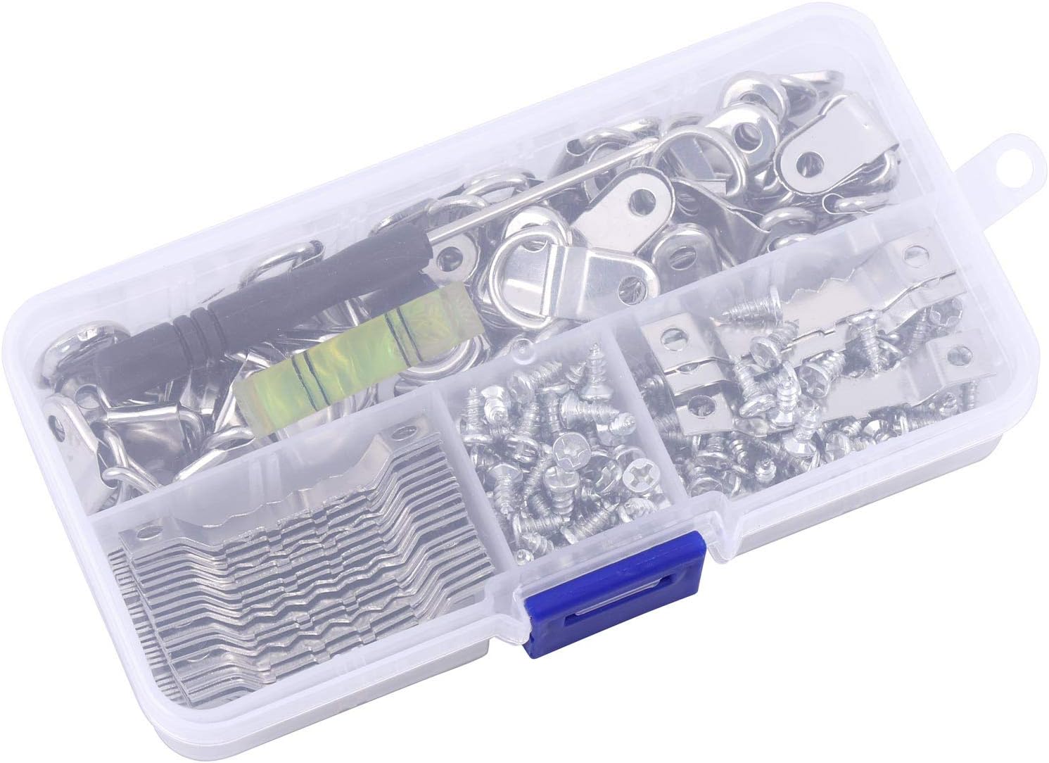 252 D Ring Picture Frame Hanger and Sawtooth Photo Hanging Hardware Set with Screws and Spirit Level Silver - - 
