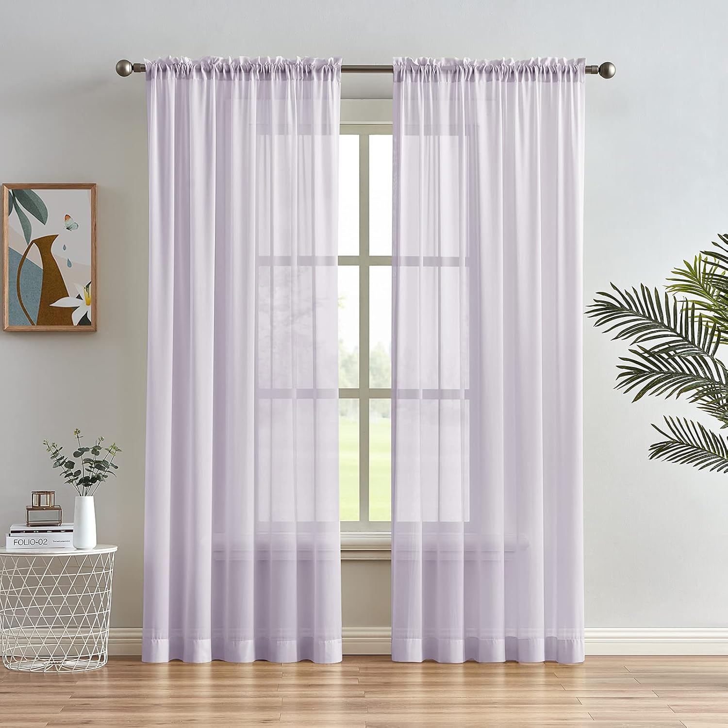 Melodieux Light Purple Chiffon Sheer Curtains Rod Pocket Soft Silky Texture Lilac Sheer Window Panels Light Filtering Sheer Drapes for Living, Dining, Bedroom Décor - 52" W x 63" L, 2 Panels