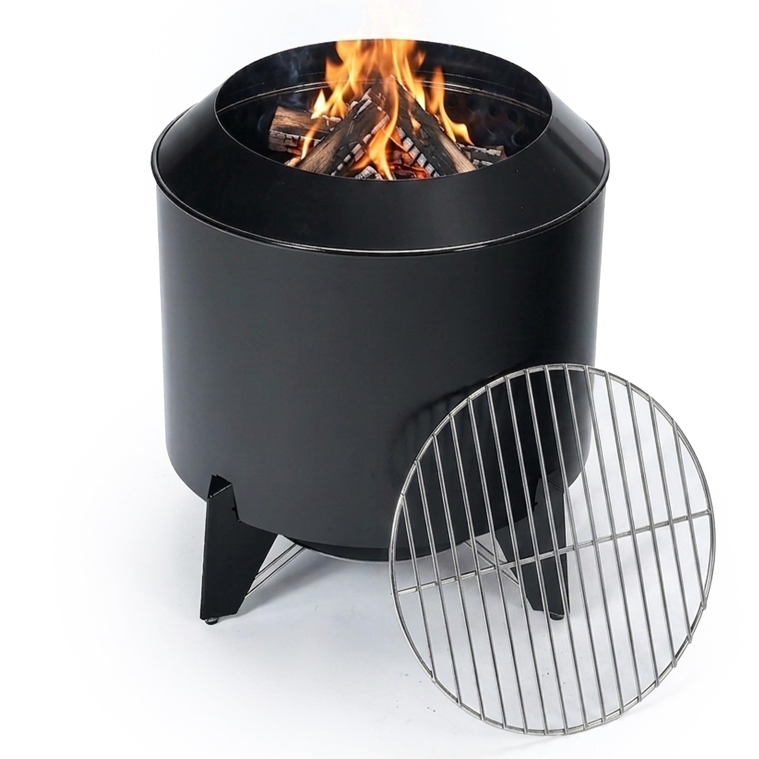 Relaxdays Braciere senza fumo, 2 in 1 con griglia, acciaio, HxØ: 46x52 cm, smaltato, focolare a bassa emissione, nero