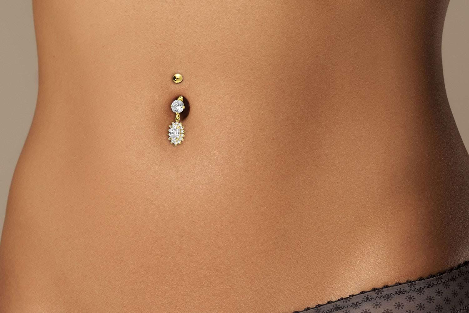 PIERCINGLINE 18 Karat Gold Bauchnabelpiercing mit Kristallblume Bananabell Piercing Gelbgold