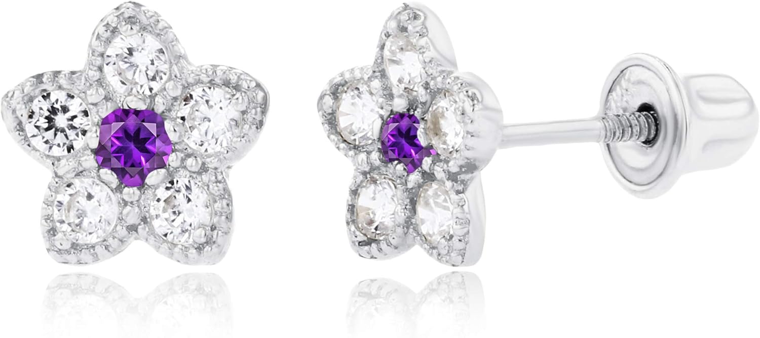 Solid 14K Gold 6mm Flower 1.75mm Natural Birthstone Screwback Stud Earrings For Women | 6mm Flower Earrings | 1.50mm Created White Sapphire Milgrain Flower Screwback Earrings For Women