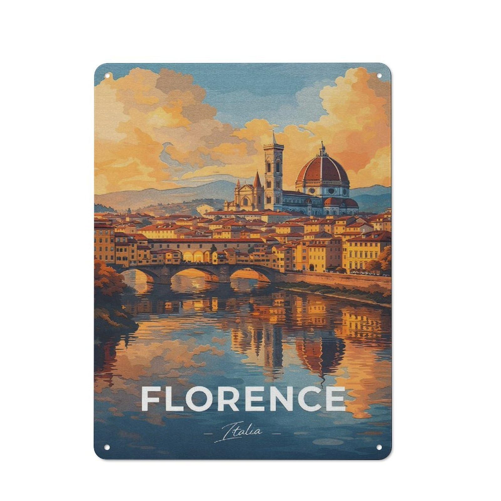 Junmoney Style-17 Tin Wall Plaque 40X30cm With Florence Cityscape With Ponte Vecchio For Workshop Wall, Housewarming Wall Decor For People Furnishing Workshop